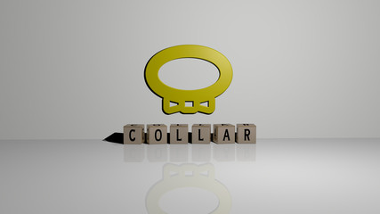 collar text of cubic dice letters on the floor and 3D icon on the wall. 3D illustration. business and background
