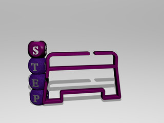 step 3D icon and dice letter text. 3D illustration. business and background