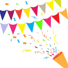 Colorful Party Flags And Confetti On White Background. vector illustration