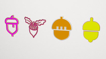 ACORN 4 icons set. 3D illustration. autumn and background