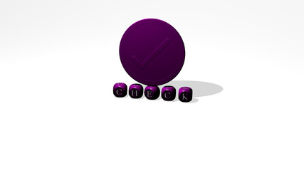 check 3D icon over cubic letters. 3D illustration. background and business