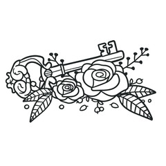Rose Flower with Vintage Key Design. Floral frame ornament vector style. Decoration Design Empty illustration.