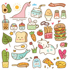 Set of kawaii doodle, food, animal, and other objects 
