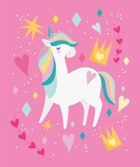 adorable unicorn magic fantasy crowns hearts stars cartoon pink background