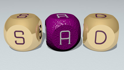 SAD text by cubic dice letters. 3D illustration. woman and background