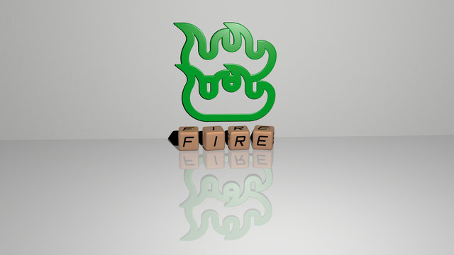 fire text of cubic dice letters on the floor and 3D icon on the wall. 3D illustration. background and abstract