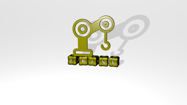 CRANE 3D icon object on text of cubic letters. 3D illustration. construction and building