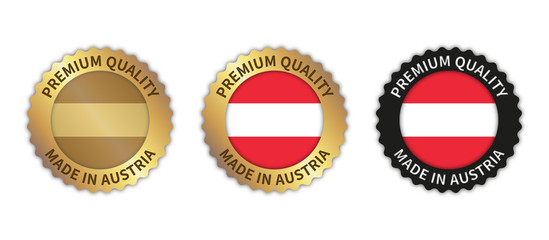 Set of 3 "Made in Austria" vector icons. Illustration with transparent background. Country flag encircled with gold/black stamp. Sticker/logo for product/website.