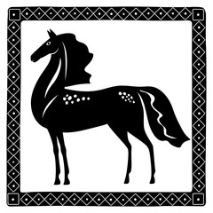Horse Drawn silhouette. Decorative pattern in a frame. Vector graphics