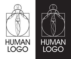 Human logo. Stylish sign made from geometric lines. Man goes beyond Davinci's circle
