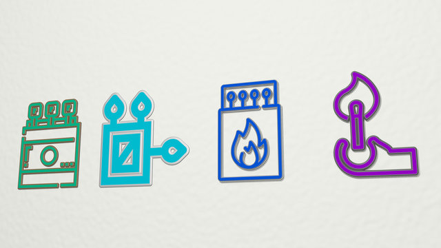 matches 4 icons set. 3D illustration. background and fire