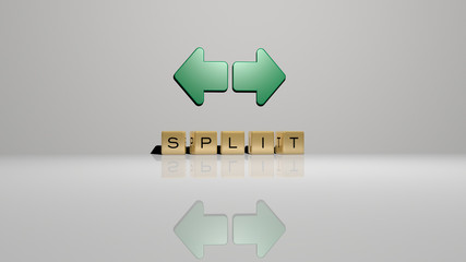 SPLIT text of cubic dice letters on the floor and 3D icon on the wall. 3D illustration. background and croatia