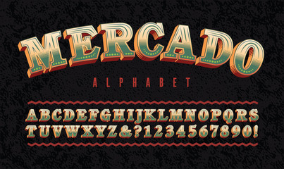 Mercado Hispanic Themed Alphabet; Warm Earth Tones & Green Font Suggestive of a Mexican or Latino Market. Ornate Letters with Highly Legible Slab Serifs. Translation: "Mercado" is Spanish for Market.