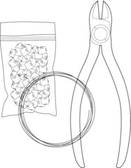A vector line art illustration of a cutter, a wire and a bag of beads