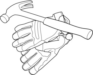 A vector line art illustration of a pair of leather working gloves and a hammer