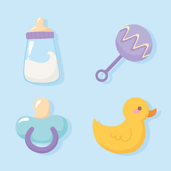 baby shower, duck rattle pacifier and milk bottle welcome newborn celebration icons