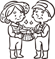 野菜を収穫する農家の老夫婦 