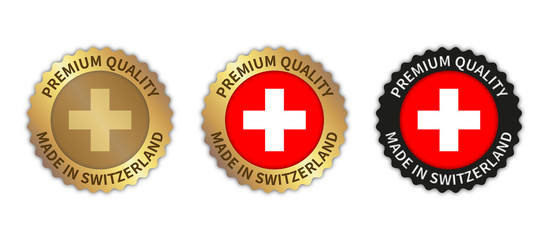 Set of 3 "Made in Switzerland" vector icons. Illustration with transparent background. Country flag encircled with gold/black stamp. Sticker/logo for product/website.
