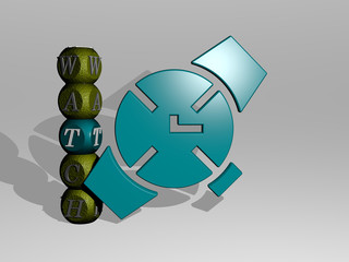 watch 3D icon and dice letter text. 3D illustration. clock and background