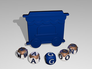 wagon round text of cubic letters around 3D icon. 3D illustration. old and background