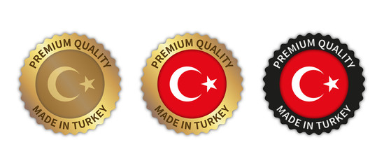 Set of 3 "Made in Turkey" vector icons. Illustration with transparent background. Country flag encircled with gold/black stamp. Sticker/logo for product/website.