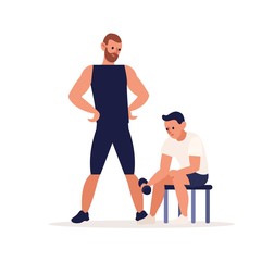 Man training in sport gym with coach trainer. Bicep curl, bodybuilding, personal physical exercise, dumbbell work out. Fitness lifestyle. Flat vector cartoon illustration isolated on white background