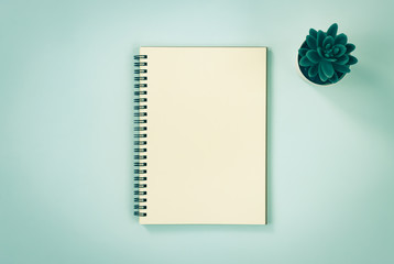 Spiral Notebook or Spring Notebook in Unlined Type and Office Plant on Blue Pastel Minimalist Background in Vintage Tone