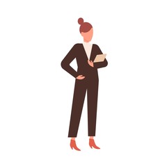 Faceless business woman silhouette in fashionable suit, costume holding folder papers. Office manager, worker secretary in stylish shoes. Flat vector cartoon illustration isolated on white background