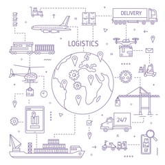 Fototapeta premium Logistics concept with freight vehicle, transport deliver trade goods. Cargo transportation, international delivery, worldwide, global shipping.Monochrome vector illustration in modern line art style.