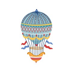 Vintage victorian vivid striped air hot balloon. Flying ornamented childish aerostat with flags, basket. Airship for t shirt print. Flat vector cartoon illustration isolated on white background