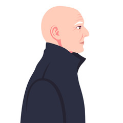 Head of a bald old man in a coat in profile