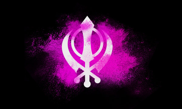 Sikh symbol khanda trendy Design with color powder blast explosion pink color background.