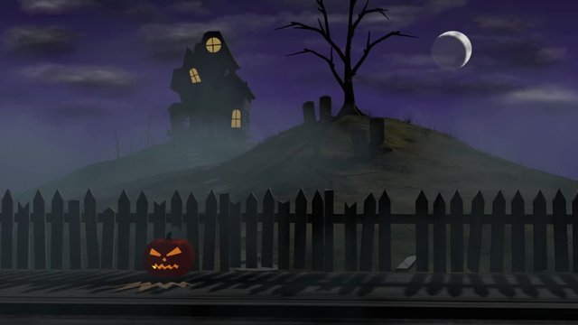 Spooky Halloween animated intro or opening with a haunted house, bats, ghosts, a witch and a jack-o-lantern