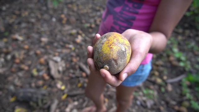 close-up of a girl holding a jobo fruit in her hands