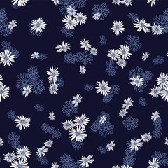 Abstract flowers hand drawn blue outline doodle chamomile blossom seamless pattern on navy background design