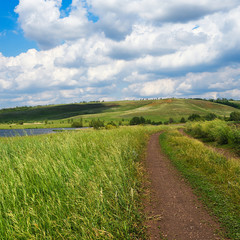 Fototapeta na wymiar A country road among fields with grasses, near a lake and hills. Summer natural landscape with cloudy sky.