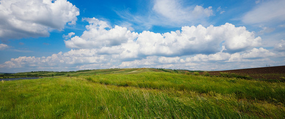 Fototapeta na wymiar Summer natural landscape, meadow, field, hills. Beautiful blue sky with clouds.