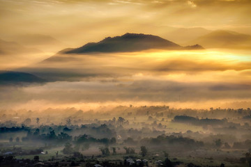Scenic Landscape of  Yun Lai Viewpoint with Morning Mist and Golden Sunlight, Pai , Mae Hong Son