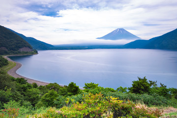 Naklejka na ściany i meble Fuji mountain in cloudy day at Lake Motosu, Japan
