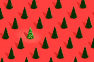 Fototapeta premium Christmas tree decorated with Christmas toys among number of ordinary fir trees. The concept of uniqueness. Pattern from Christmas trees on red