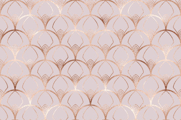 Art deco seamless pattern with gold fan scales glitter texture. 