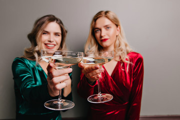 Dark-haired young woman raising her wineglass during party with sister. Well-dressed girls celebrating holidays.