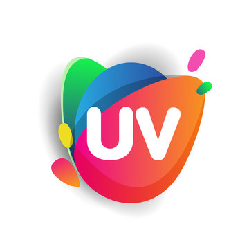Letter UV logo with colorful splash background, letter combination logo design for creative industry, web, business and company.
