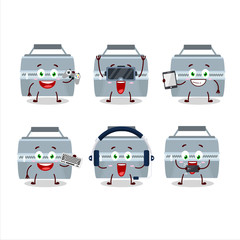 Grey lunch box cartoon character are playing games with various cute emoticons