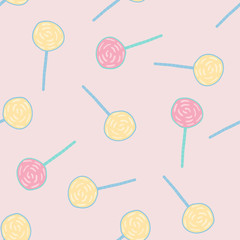 Tender yellow and pink color lollipops seamless pattern. Soft light pink background. Sweet backdrop.