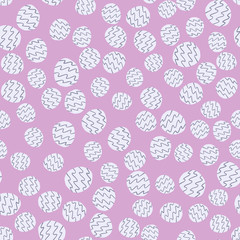 Random pastel light seamless circle pattern. Soft purple background with little white figures with blue strips.