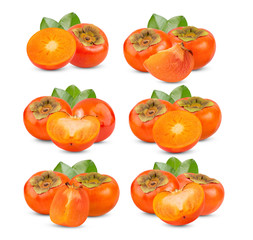 ripe persimmons with leaf isolated on white background
