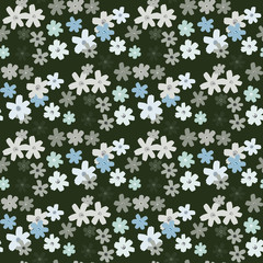 Little daisy elements seamless pattern. Dark background with flowers in blue, white and beige tones.