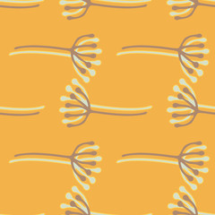 Summer seamless botanic pattern with dandelion flowers. Floral elements in blue and white contours, orange background.