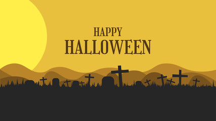 Happy Halloween greeting banner with graveyard and tombstone in flat design